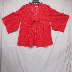 A-Saya Button Down Semi-Sheer Flowy Blouse 100%Cotton Red Women Size | 44 (L)